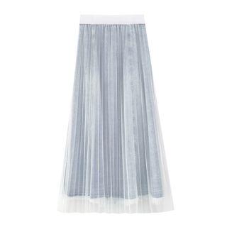 Mesh Overlay A-line Midi Denim Skirt