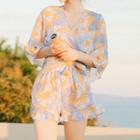 Set: Floral Print Ruffled Bikini + Swim Shorts + Cover-up