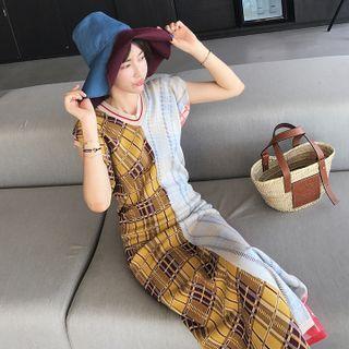 Short-sleeve Plaid Knit Midi Dress