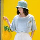 Palm Tree Embroidered Striped Elbow Sleeve T-shirt