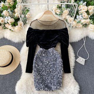 Mock Two-piece Velvet Top Panel Sequin Dress