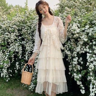 Spaghetti Strap Midi A-line Mesh Dress / Lace Jacket