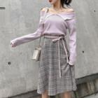 Set: Long-sleeve Collared Knit Top + Plaid Midi A-line Skirt