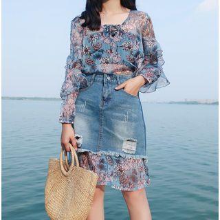 Set: Floral Print Chiffon Dress + Ripped Denim Skirt + Bandeau