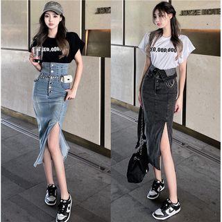 Short-sleeve Lettering T-shirt / High-waist Denim Midi Skirt