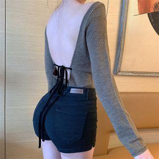 Open Back Bow Plain Long-sleeve Top As Shown In Figure - One Size