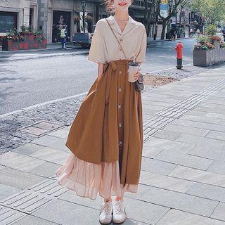 Set: Short-sleeve Paneled Midi Shirtdress