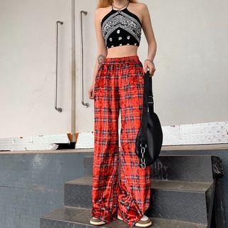 Plaid Straight-cut Velvet Pants