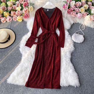 V-neck Long Sleeve Dress With Sash