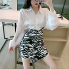 Long-sleeve Striped Shirt / Asymmetric Animal Printed Skirt