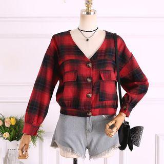Check Long-sleeve V-neck Blouse
