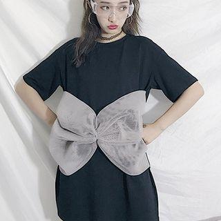 Plain Ribbon Crewneck Short-sleeve Dress