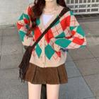 Argyle Buttoned Knit Cardigan Argyle - Red & Green - One Size