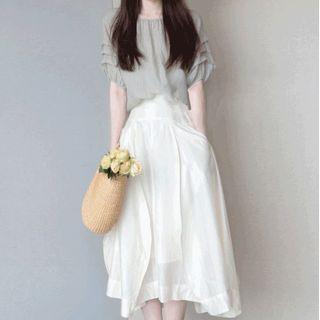Set: Short-sleeve Plain Top + Midi Skirt