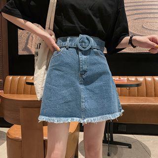 High-waist Denim Skirt With Belt