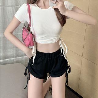 Short-sleeve Plain Drawstring Cropped T-shirt / High-waist Drawstring Plain Shorts