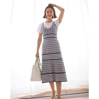 Set: Sleeveless Patterned Knit Midi Empire Dress + T-shirt