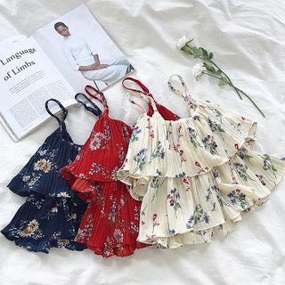 Floral Chiffon Ruffles-trim Sleeveless Top