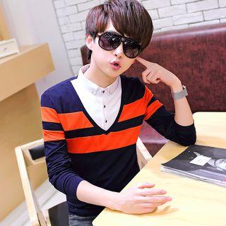 Mock Two-piece Long-sleeved Striped Inset Slim Shirt