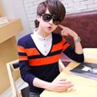 Mock Two-piece Long-sleeved Striped Inset Slim Shirt