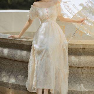 Fringed Puff-sleeve Maxi A-line Dress