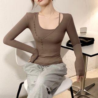 Set: Long-sleeve Plain Slim-fit Top + Camisole Top