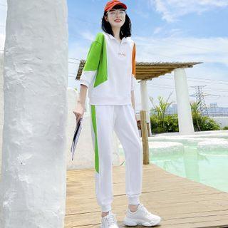 3/4-sleeve Letter Embroidered Color Block Sweatshirt / Cropped Harem Pants / Set