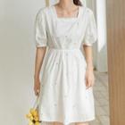 Puff-sleeve Square-neck Mini A-line Dress White - One Size