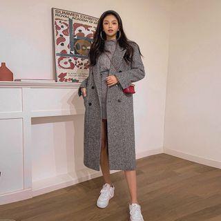Double-breasted Wool Blend Herringbone Coat Black - One Size