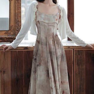 Spaghetti Strap Midi A-line Dress / Floral Cardigan / Set