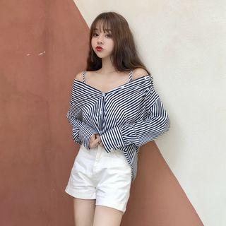 Striped Off-shoulder Chiffon Shirt Stripe - One Size