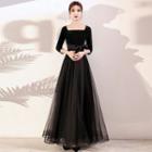 Elbow-sleeve Mesh A-line Evening Gown