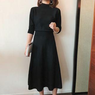 Long-sleeve Mock-neck Midi Knit Dress Black - M