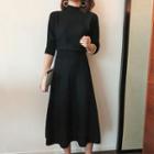 Long-sleeve Mock-neck Midi Knit Dress Black - M