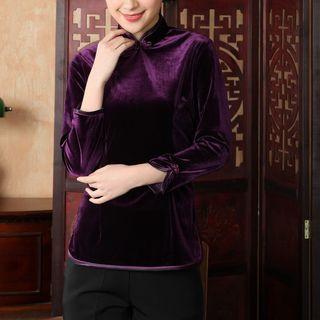 3/4-sleeve Velvet Frog-buttoned Jacket