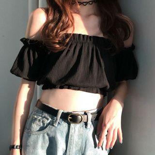 Off-shoulder Ruffle Trim Cropped T-shirt