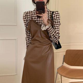 Mock-neck Long-sleeve Argyle Print T-shirt / Faux Leather Overall Dress
