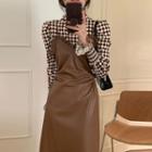 Mock-neck Long-sleeve Argyle Print T-shirt / Faux Leather Overall Dress