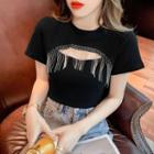 Short-sleeve Fringed Trim Cut-out T-shirt