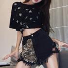 Sequined Short-sleeve T-shirt / Denim Shorts / Set