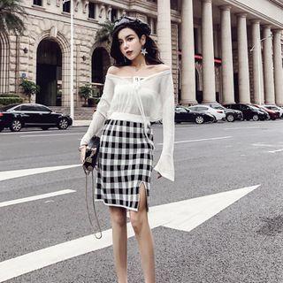 Set: Halter Knit Top + Plaid Midi Skirt