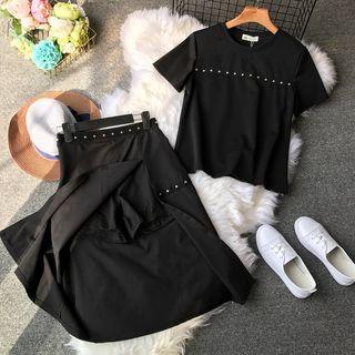Set: Crew-neck Short-sleeve T-shirt + Studded A-line Skirt