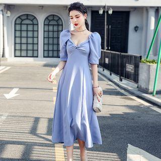 Puff-sleeve Plain Twist Midi A-line Dress
