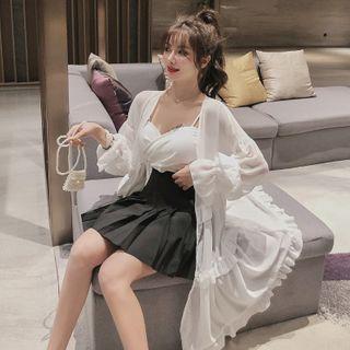 Tiered Long Light Jacket / Spaghetti Strap Top / Pleated A-line Mini Skirt / Set