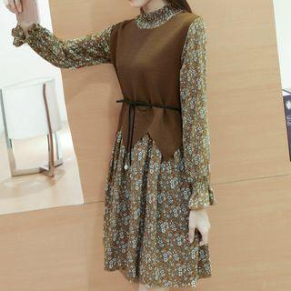 Set: Floral Print Long Sleeve Chiffon Dress + Knit Vest