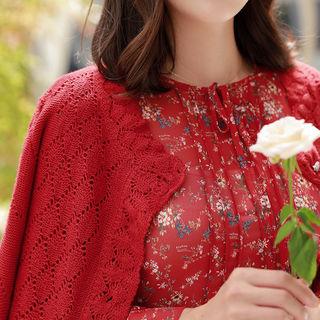 Scallop-edge Pointelle-knit Cardigan Red - One Size