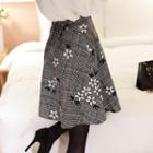 Floral-embroidered Glen-plaid Flare Skirt
