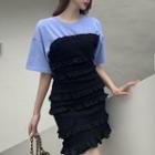 Short-sleeve Panel Ruffle Trim Mini Bodycon Dress Black & Blue - One Size