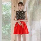 Sleeveless Mini Skirt Hanbok Set (floral / Red)