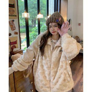 Heart Pattern Zip Jacket Beige - One Size